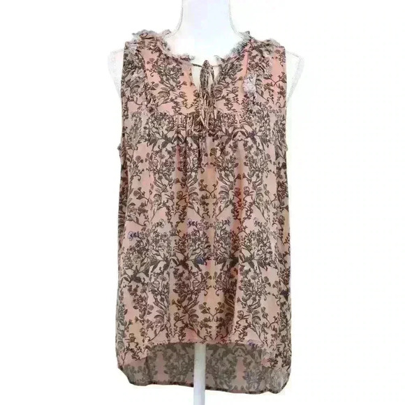 PLEIONE Plise Sleeveless Peach Floral Blouse Tie Neck Frayed Edges Size Medium - Picture 1 of 8